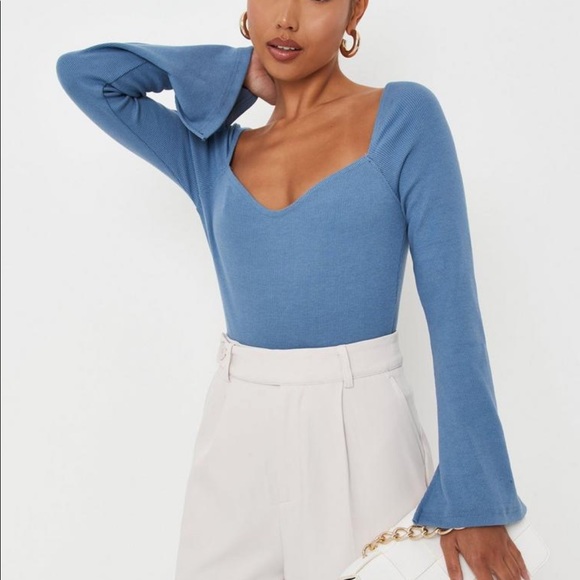 NEVER WORN Missguided Blue Rib High Leg Milkmaid Bodysuit - Picture 1 of 4